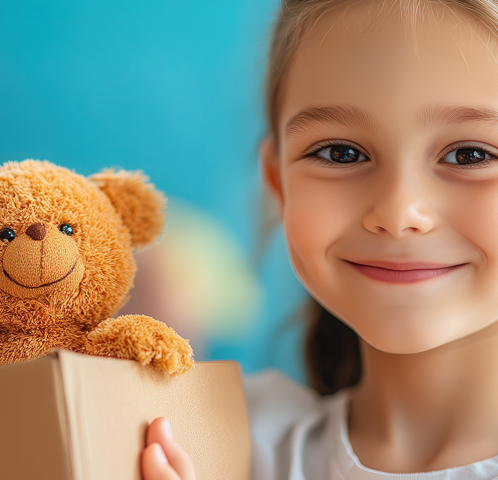 child holding a book and bear playing